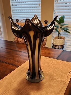 Vintage MCM 12" Murano Style Art Glass Vase - Charcoal Smoke & Latticino Stripe